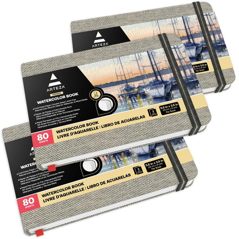 ARTEZA Watercolor Book, Pack of 3, 80 Pages Each, 3.5x5.5 Inch Watercolor Notebook, 110lb/230gsm Water Color Paper - Image 2